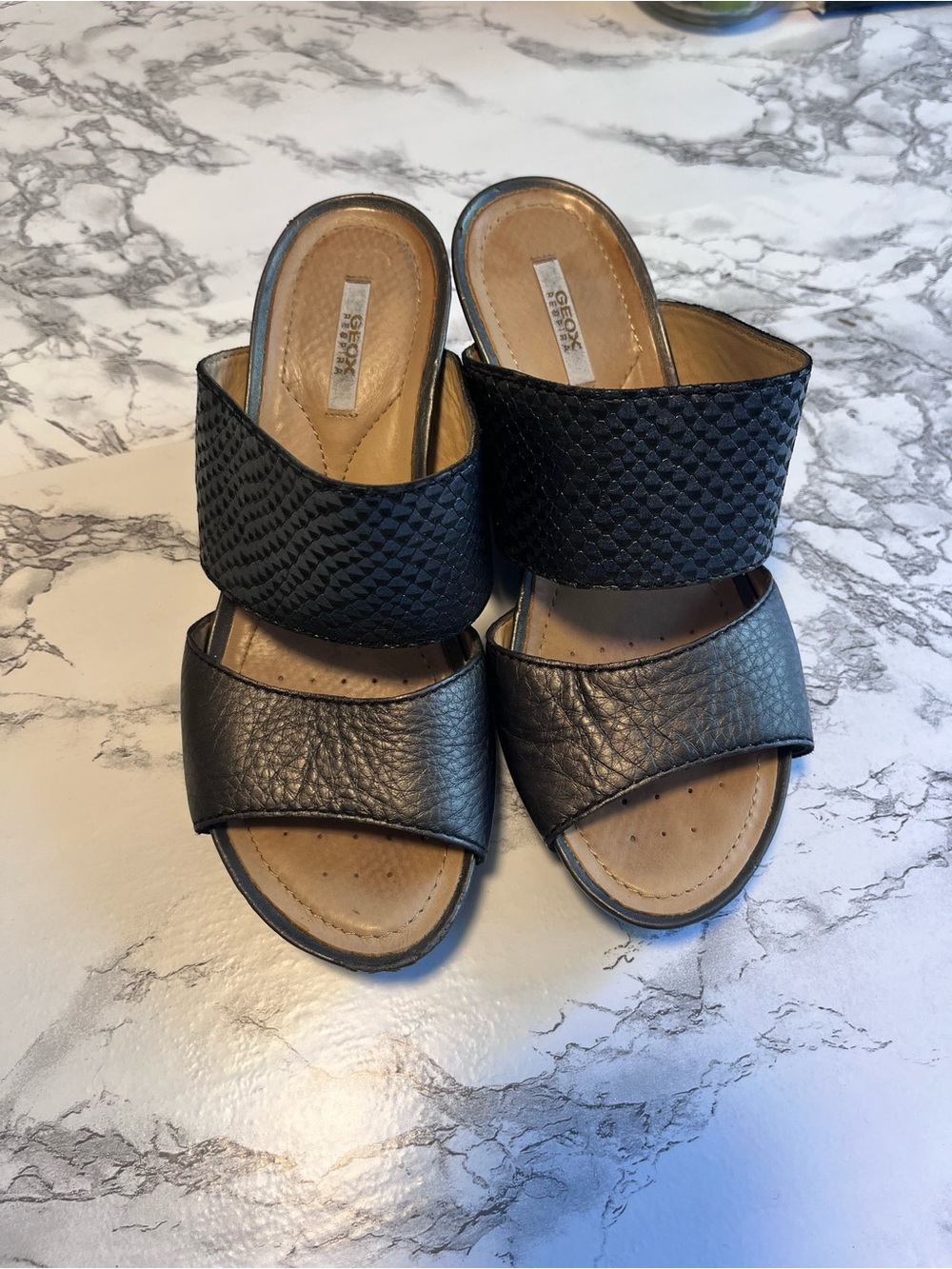 Geox Black Double-Band Leather Slide Mules